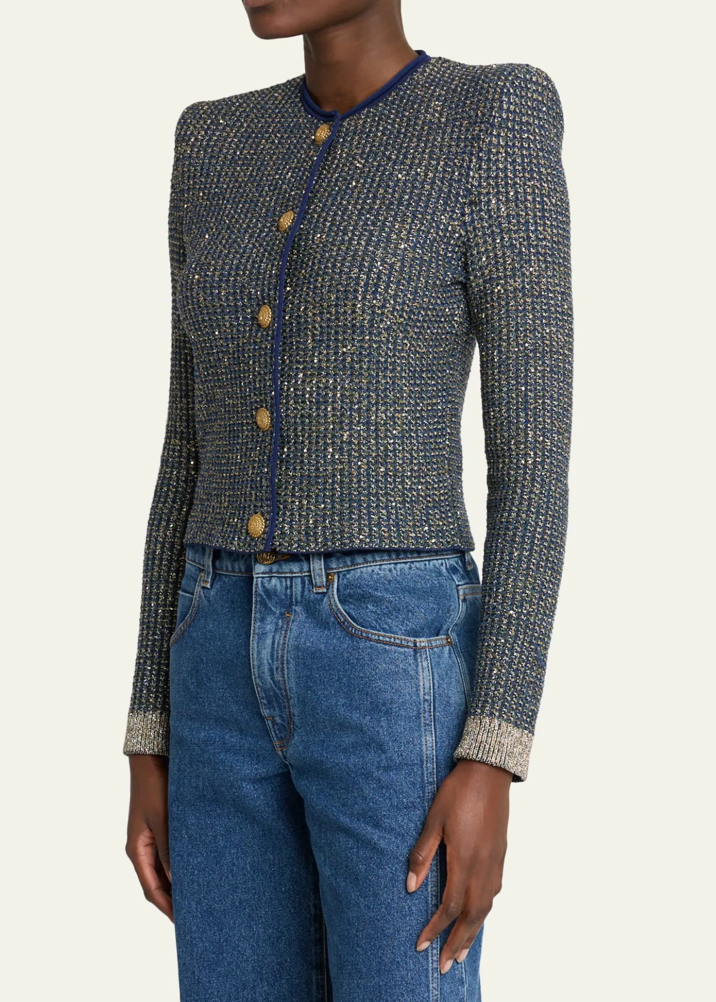 BalmainGlittered Tweed Buttoned Cardigan