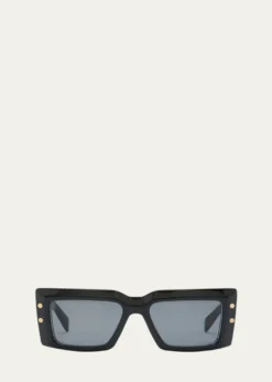 BalmainImperial Black Acetate & Titanium Rectangle Sunglasses