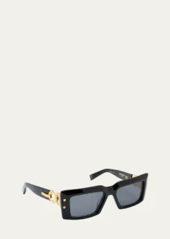 BalmainImperial Black Acetate & Titanium Rectangle Sunglasses