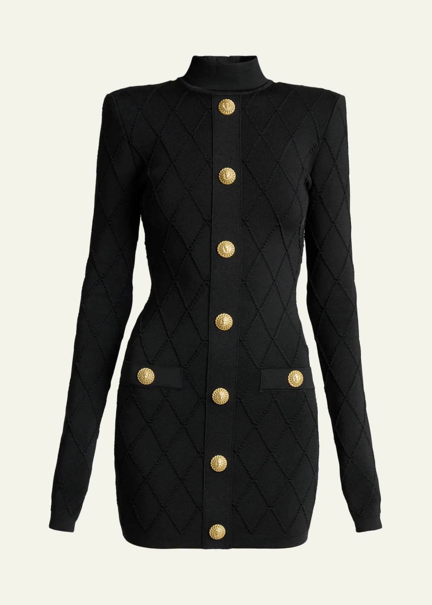 BalmainLong-Sleeve Buttoned Knit Mini Dress