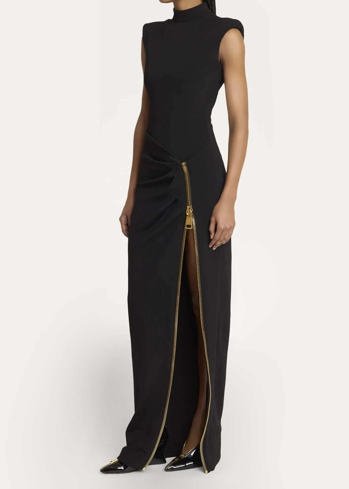 BalmainMock-Neck Zip Slit Sleeveless Gown