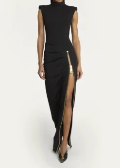 BalmainMock-Neck Zip Slit Sleeveless Gown