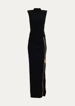 BalmainMock-Neck Zip Slit Sleeveless Gown
