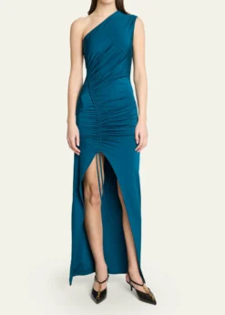 BalmainOne Shoulder Fluid Jersey Ruched Gown