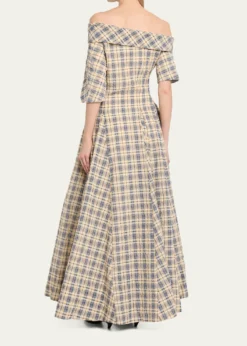BERNADETTEBowery Off-The-Shoulder Check Seersucker Asymmetric Dress