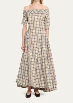 BERNADETTEBowery Off-The-Shoulder Check Seersucker Asymmetric Dress