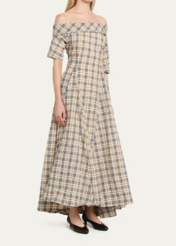 BERNADETTEBowery Off-The-Shoulder Check Seersucker Asymmetric Dress