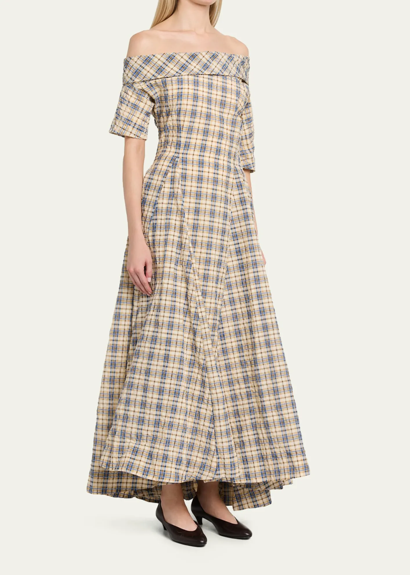 BERNADETTEBowery Off-The-Shoulder Check Seersucker Asymmetric Dress