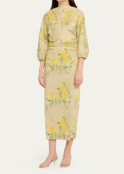 BERNADETTEEzra Floral Ruched Cotton 3/4-Sleeve Midi Dress