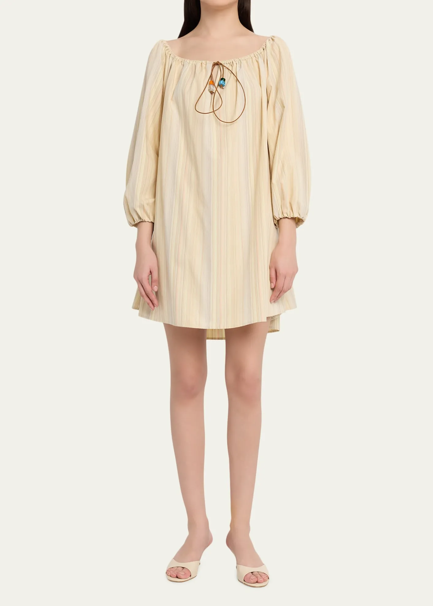 BERNADETTETie-Neck Striped Cotton Long-Sleeve Mini Dress