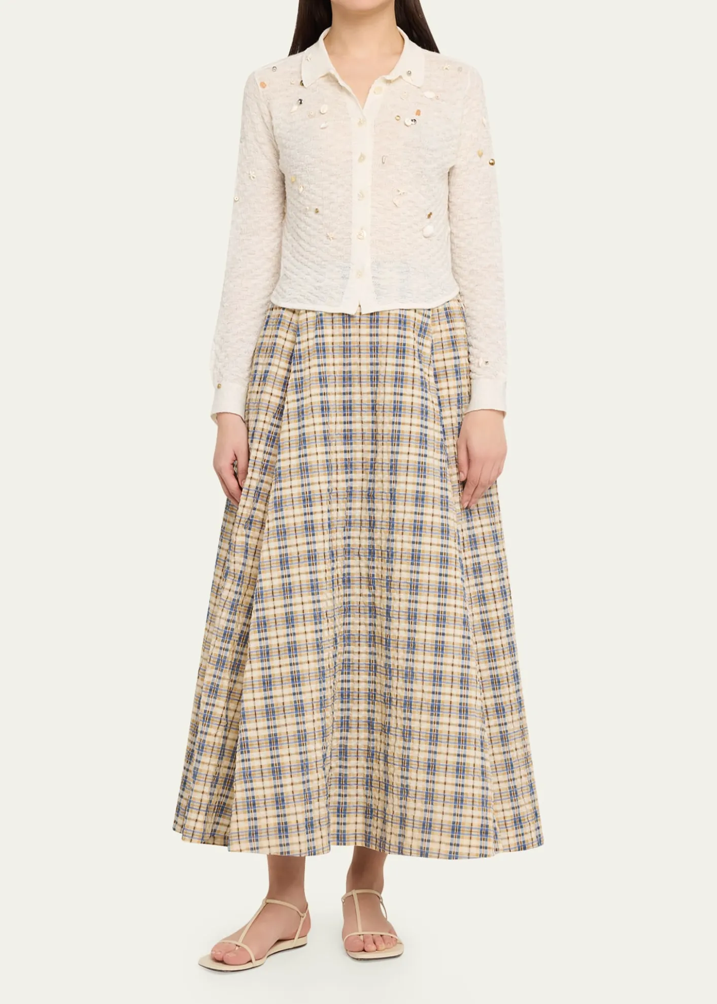 BERNADETTETurner Embellished Check Linen Button-Down Shirt