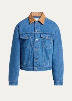 Bottega VenetaMen's Intrecciato-Leather Collar Denim Jacket