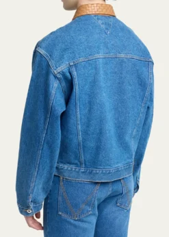 Bottega VenetaMen's Intrecciato-Leather Collar Denim Jacket