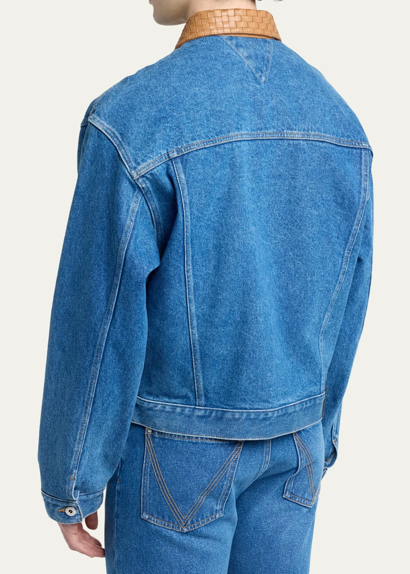 Bottega VenetaMen's Intrecciato-Leather Collar Denim Jacket