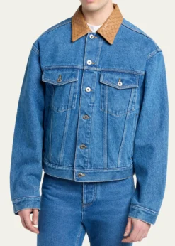Bottega VenetaMen's Intrecciato-Leather Collar Denim Jacket