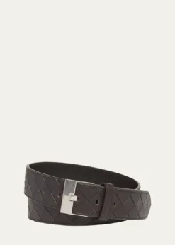 Bottega VenetaMen's Watch-Buckle Intrecciato Leather Belt