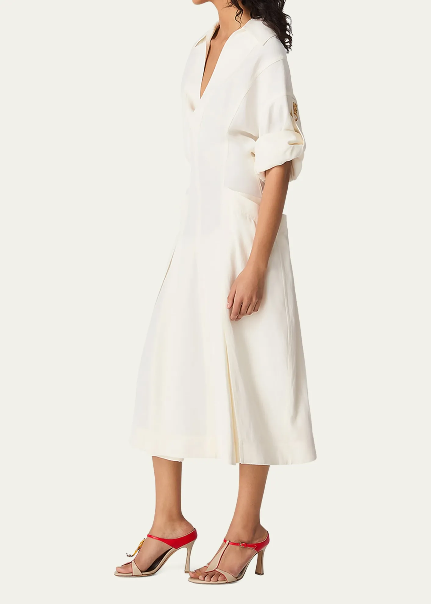 Bottega VenetaFit-and-Flare Grainy Midi Dress with Frog Embellishments