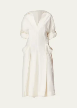 Bottega VenetaFit-and-Flare Grainy Midi Dress with Frog Embellishments