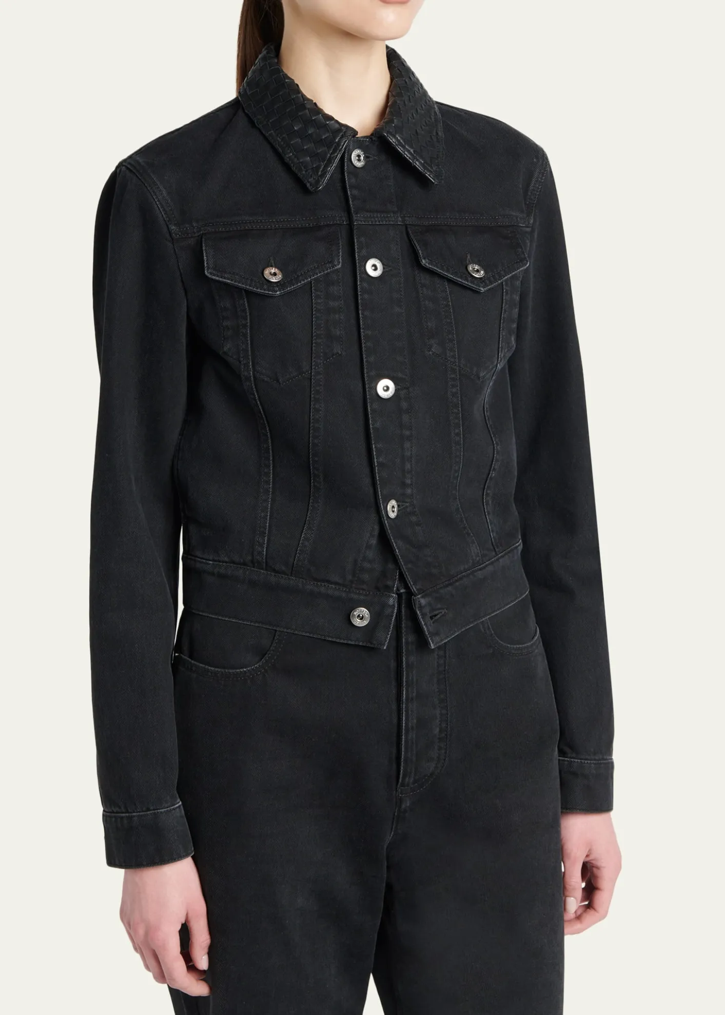 Bottega VenetaIntrecciato-Collar Faded Black Denim Jacket
