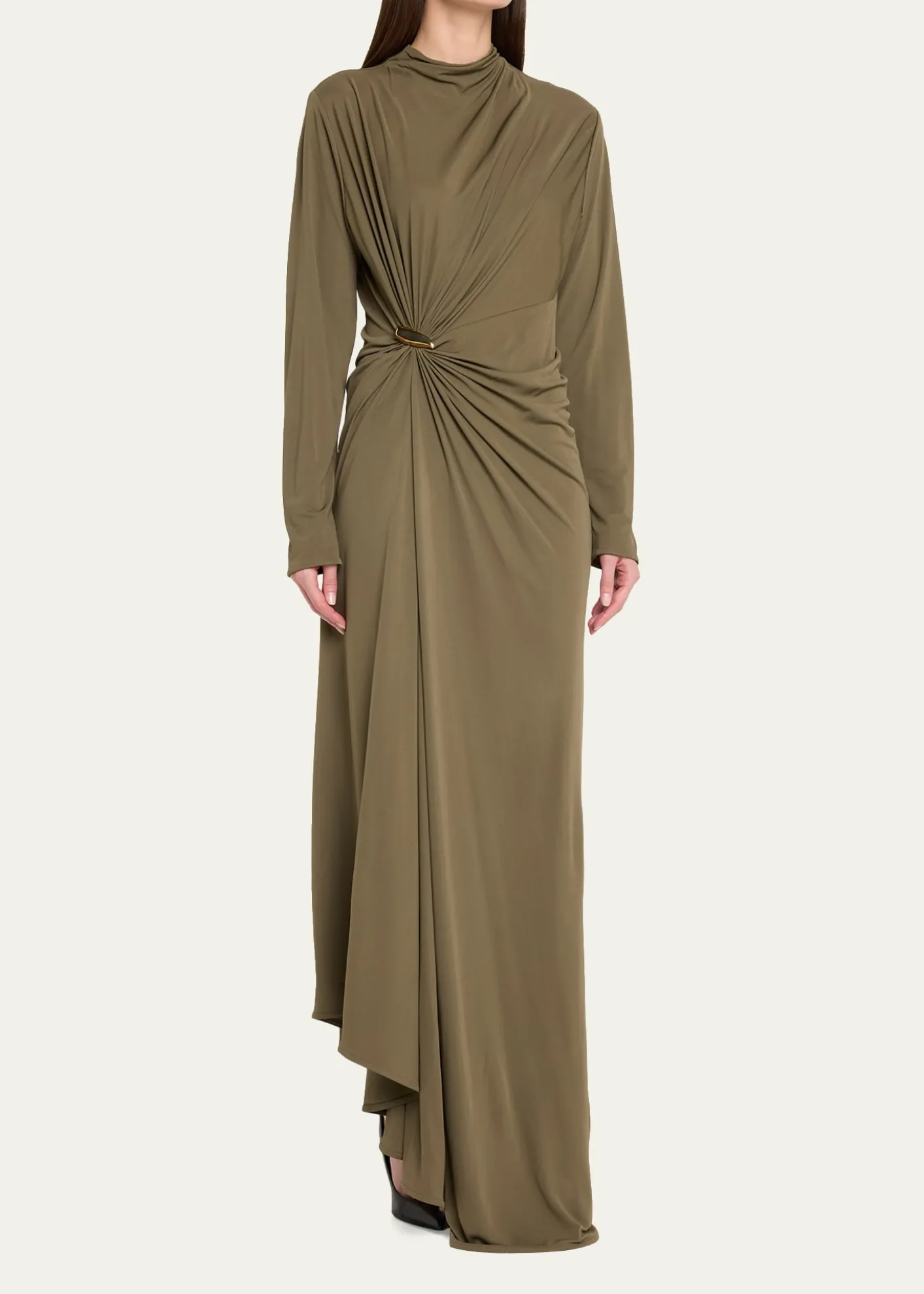 Bottega VenetaLong-Sleeve Draped Matte Crepe Maxi Dress