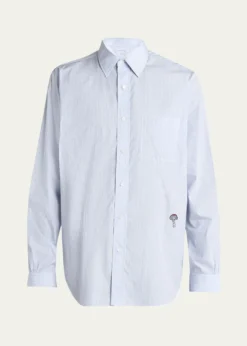 Bottega VenetaMen's Fine Stripe Poplin Shirt with Embroidered Mushroom Patch