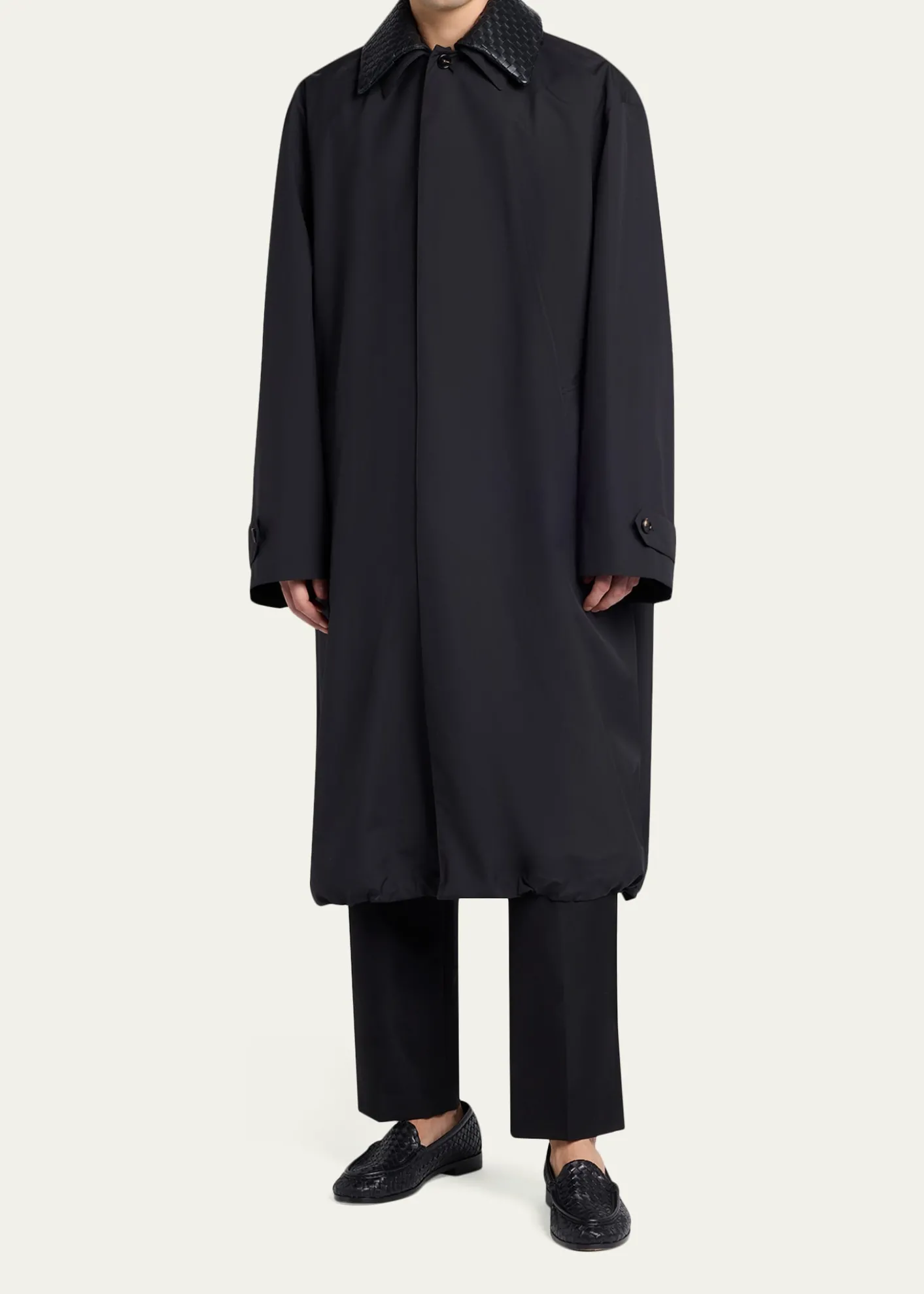 Bottega VenetaMen's Leather Intrecciato-Collar Overcoat