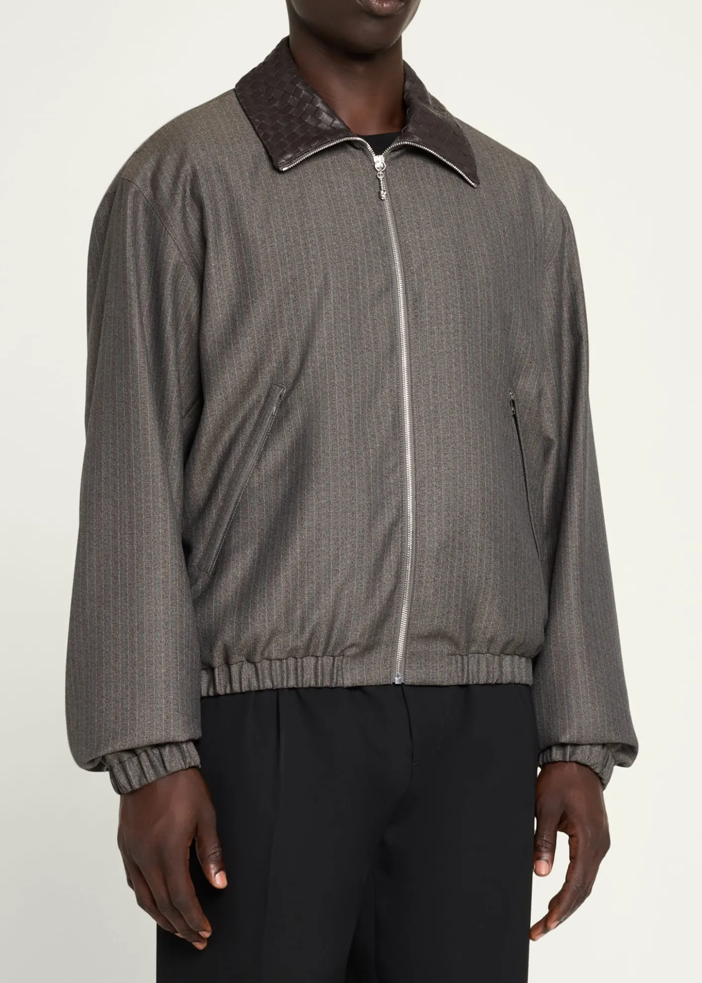 Bottega VenetaMen's Shadow Stripe Intrecciato Leather-Collar Jacket