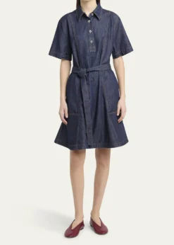 Bottega VenetaShort-Sleeve Belted Denim Shirtdress