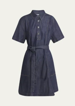 Bottega VenetaShort-Sleeve Belted Denim Shirtdress