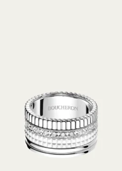 Boucheron18K White Gold Large Quatre Double Ring with White HyCeram and Diamonds