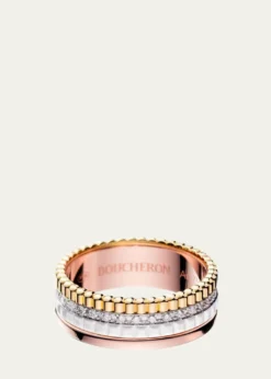 BoucheronQuatre Small Ring in Tricolor Gold with White Ceramic and Diamonds