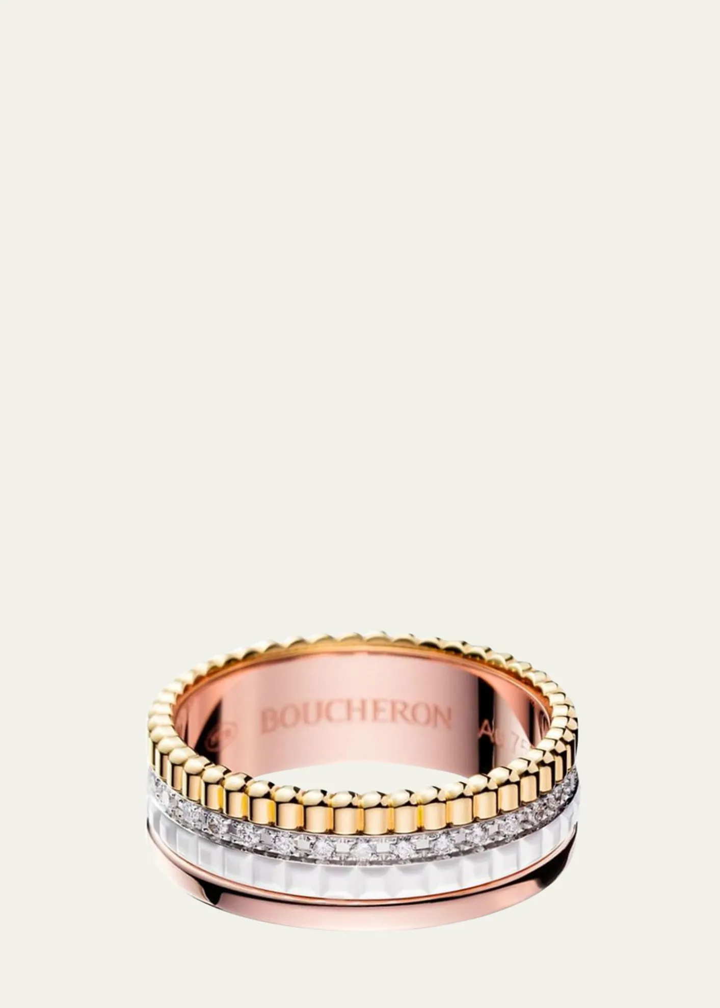 BoucheronQuatre Small Ring in Tricolor Gold with White Ceramic and Diamonds