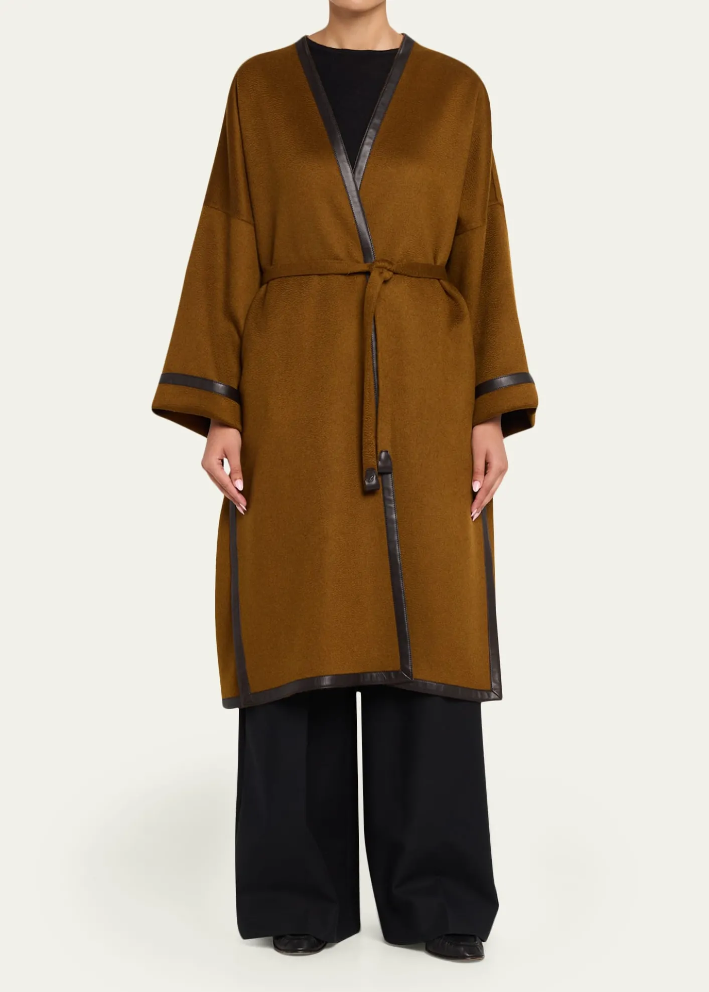 BrioniLeather-Trim Cashmere Oversized Wrap Coat