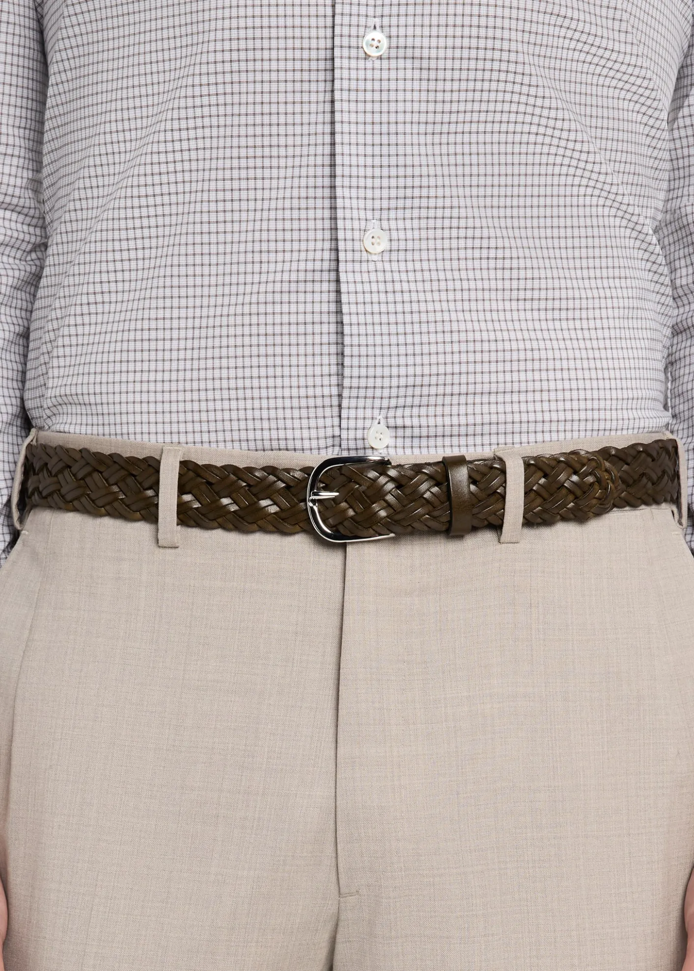 BrioniMen's Woven Leather Rounded-Buckle Belt
