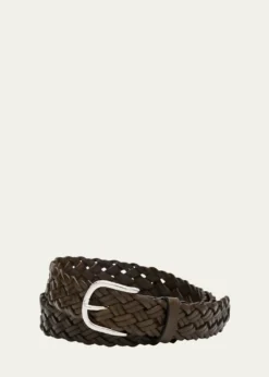BrioniMen's Woven Leather Rounded-Buckle Belt