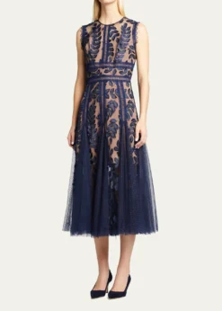 Bronx and BancoSaba Leaf-Appliqué Lace Midi Dress