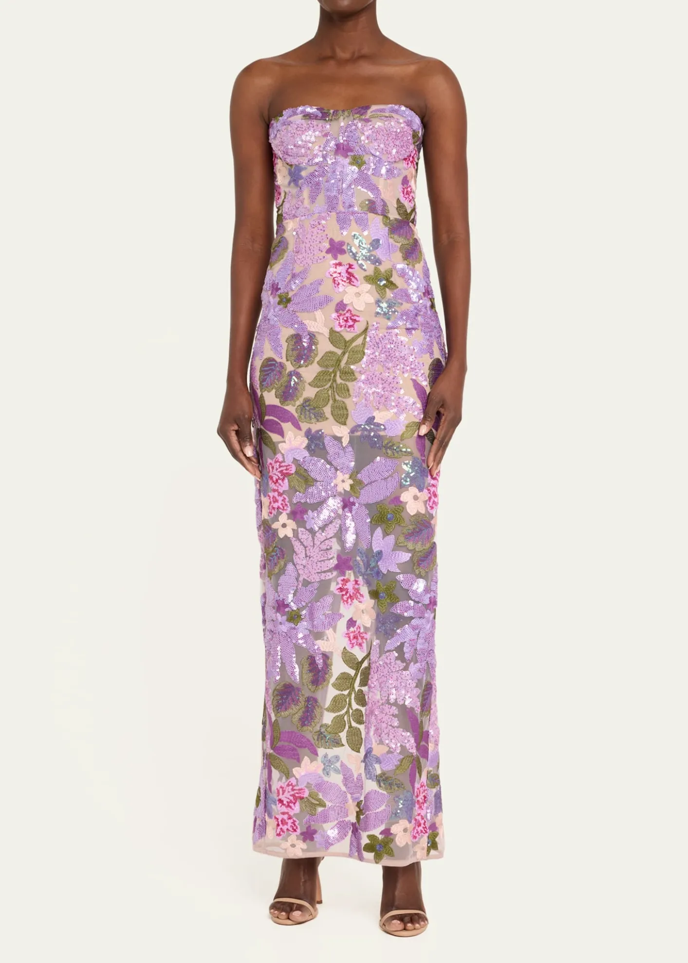Bronx BancoDahlia Strapless Floral-Embroidered Sequin Gown