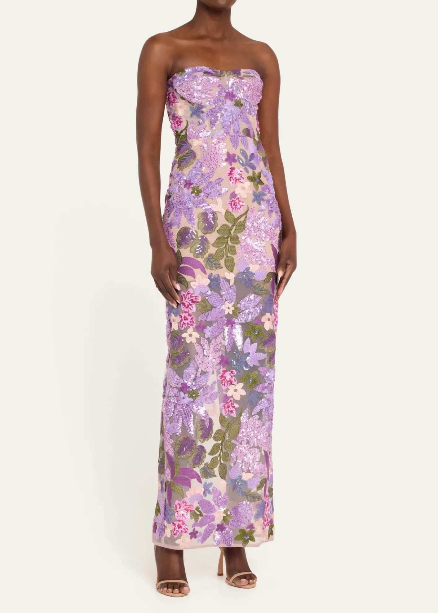 Bronx BancoDahlia Strapless Floral-Embroidered Sequin Gown