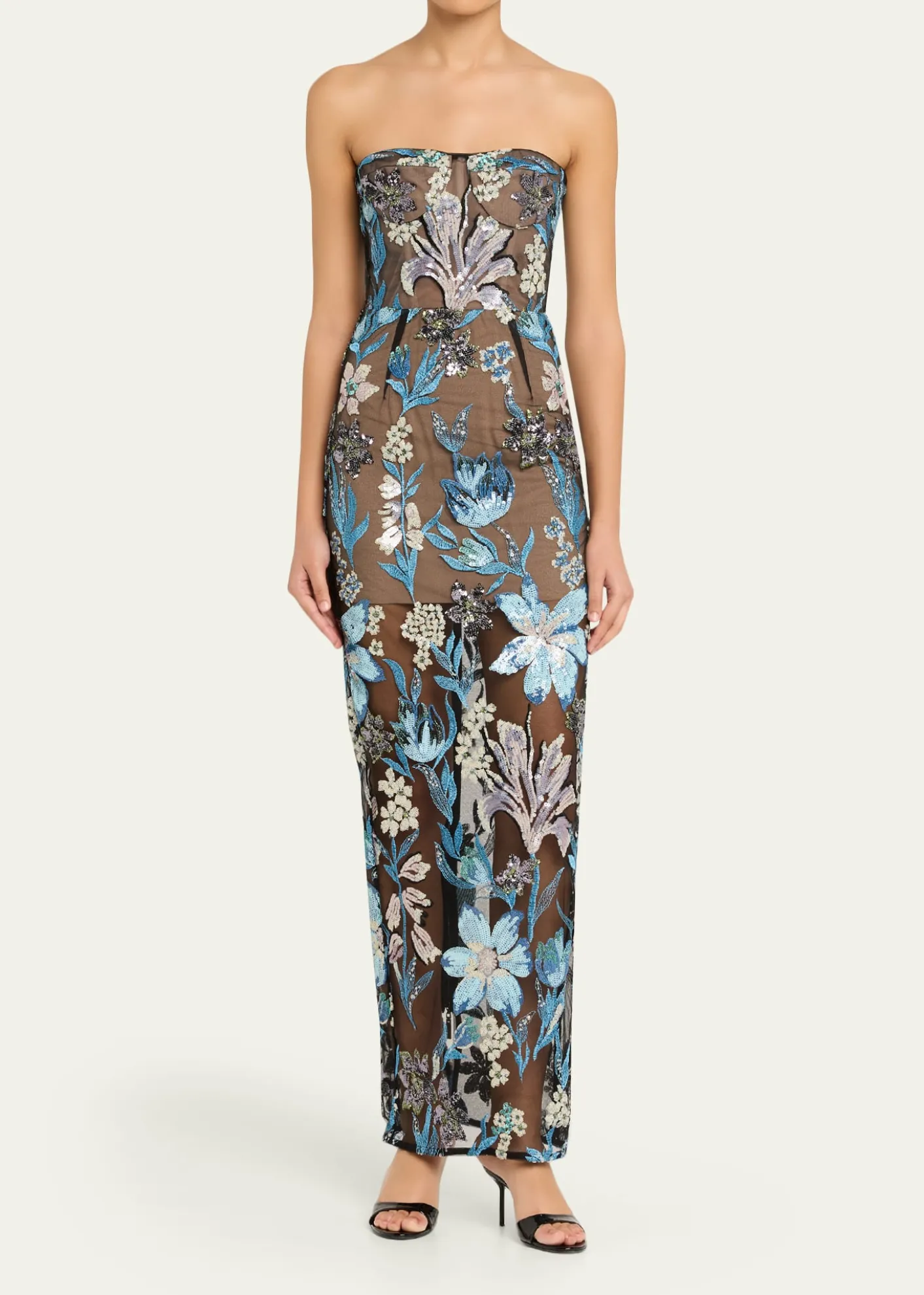 Bronx BancoDahlia Strapless Sequined Floral Tulle Gown
