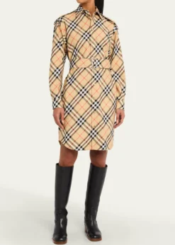 BurberryCheck Belted Long-Sleeve Shirtdress