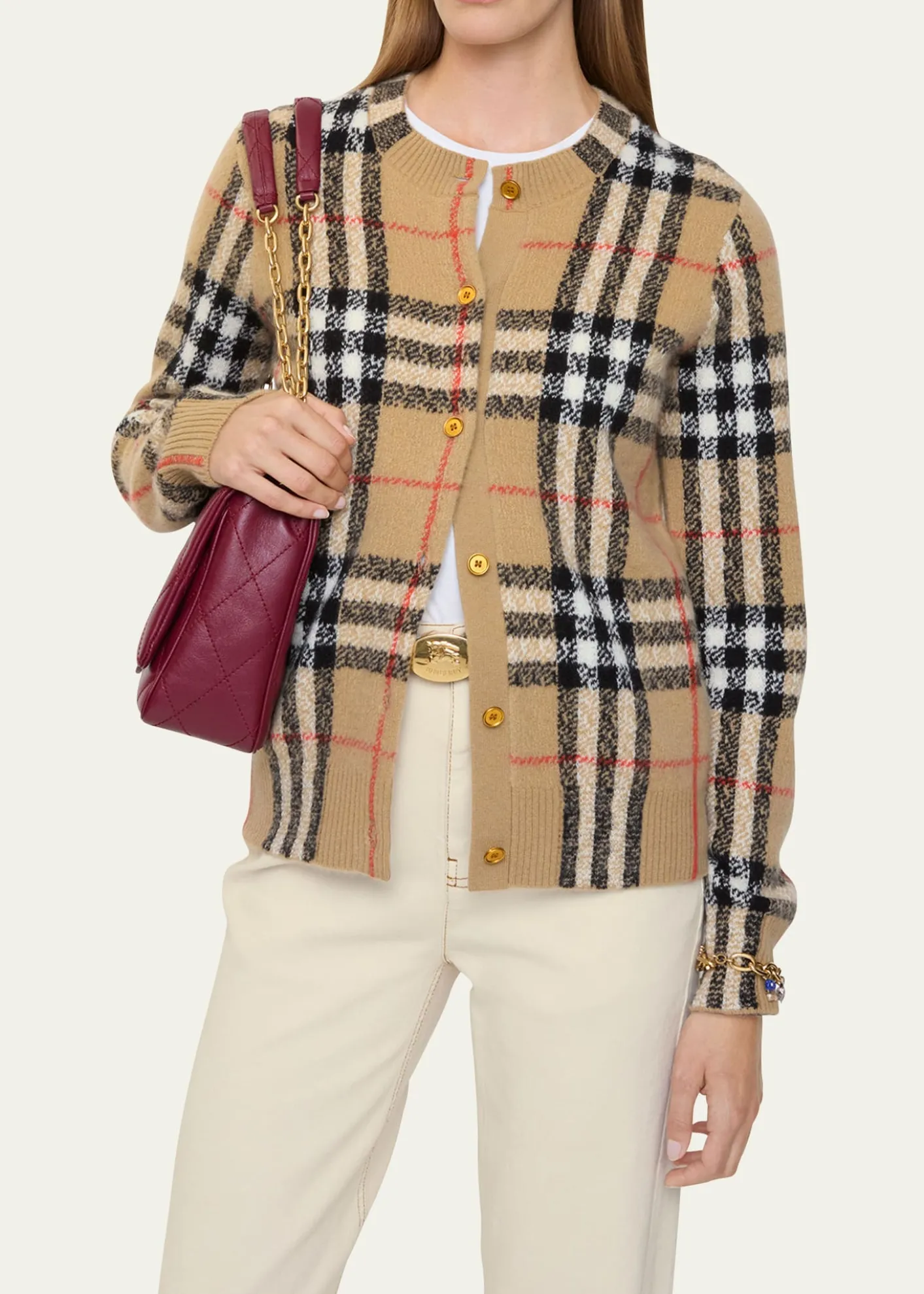 BurberryClara Check Cashmere Crewneck Cardigan