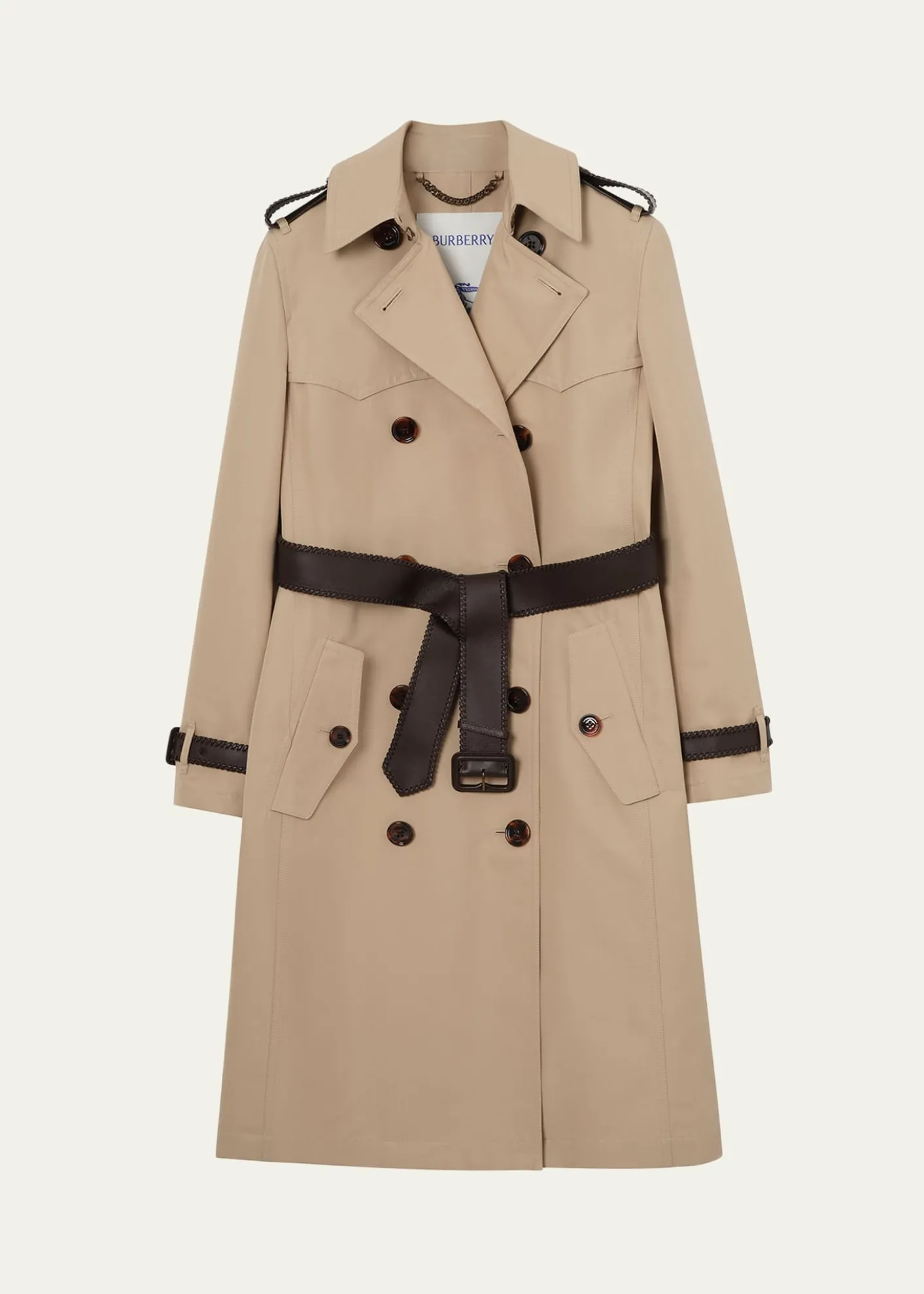 BurberryFoxfield Leather-Trim Double-Breasted Trench Coat