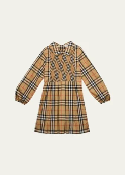 BurberryGirl's Ida Long-Sleeve Smocked Check Dress, Size 3-14