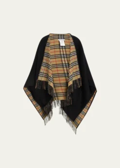 BurberryVintage-Style Check Fringed Wool Cape