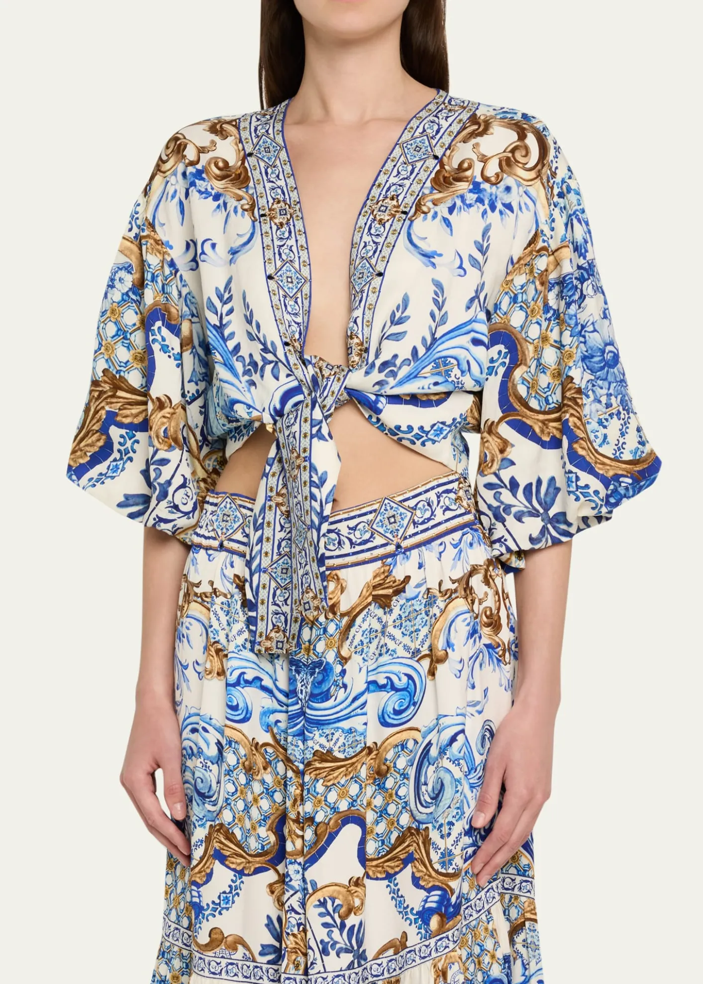 CamillaAzul Adventured Tie-Front Puff-Sleeve Top