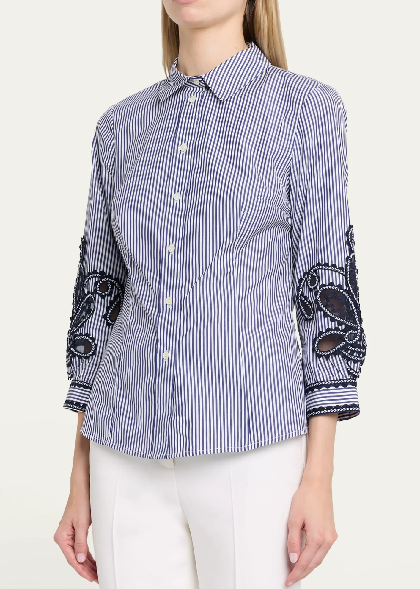 Carolina HerreraAna Embroidered Striped Poplin Button-Down Shirt