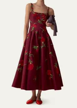 Carolina HerreraCarnation Embroidered Drop-Waist Tea-Length Dress