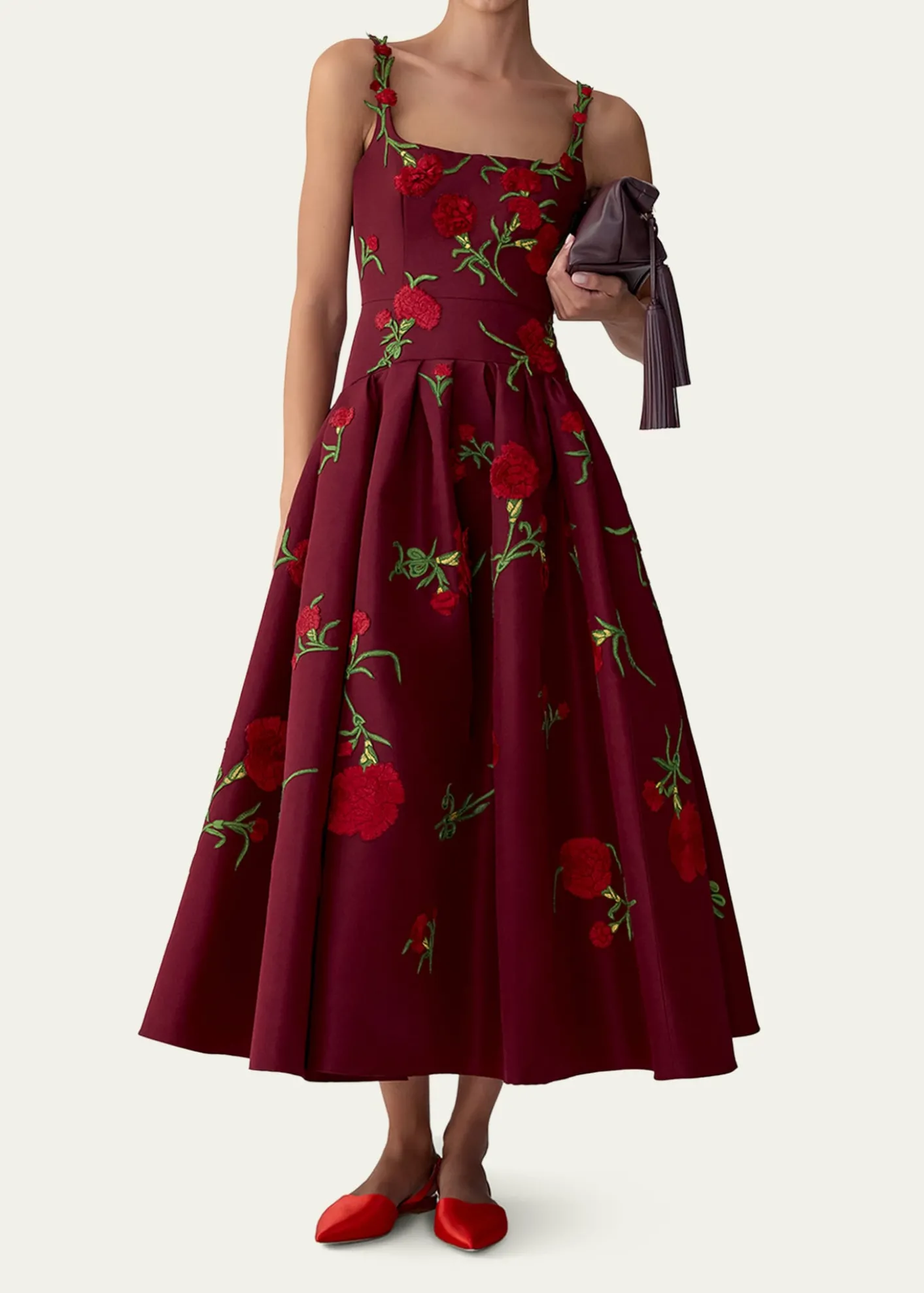 Carolina HerreraCarnation Embroidered Drop-Waist Tea-Length Dress