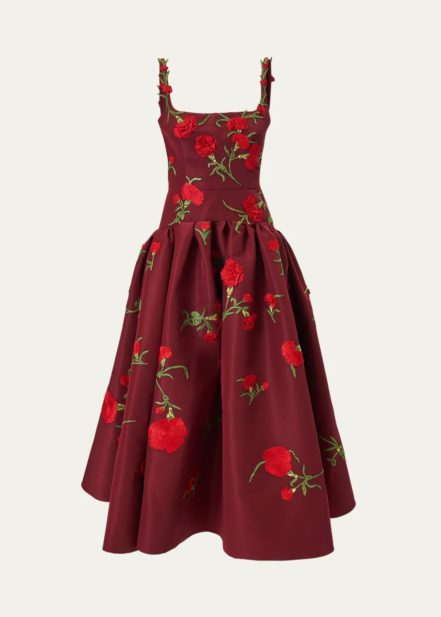 Carolina HerreraCarnation Embroidered Drop-Waist Tea-Length Dress