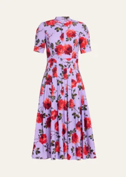 Carolina HerreraCarnation-Print Short-Sleeve Pleated Midi Shirtdress